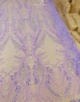 Phoenix - Wisteria Lilac Vibrant Sequin Lace with Beaded Feather Embroidery on Mesh, Luxury Bridal Fabric by the Yard