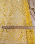 Phoenix - Yellow Sun Vibrant Sequin Lace with Beaded Feather Embroidery on Mesh, Luxury Bridal Fabric by the Yard