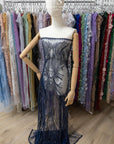 Phoenix - Deep Blue Vibrant Sequin Lace with Beaded Feather Embroidery on Mesh, Luxury Bridal Fabric by the Yard