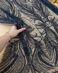 Phoenix - Deep Blue Vibrant Sequin Lace with Beaded Feather Embroidery on Mesh, Luxury Bridal Fabric by the Yard