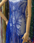 Phoenix - Royal Blue Vibrant Sequin Lace with Beaded Feather Embroidery on Mesh, Luxury Bridal Fabric by the Yard