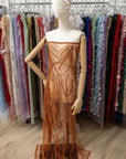 Forest Elven - Brown rust - NEW Lace Fabric – Beaded Leaf and Vine Embroidery, Earth Tone Sequin Mesh for Fall Gown, Costume, Couture