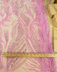 Forest Elven - Sweetheart Pink - NEW Lace Fabric – Beaded Leaf Embroidery with Sequins, Romantic Pink Mesh for Prom Dress, Fairy Gown
