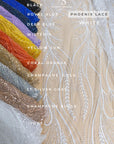 Phoenix - Champagne Blush Vibrant Sequin Lace with Beaded Feather Embroidery on Mesh, Luxury Bridal Fabric by the Yard