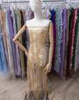 Phoenix - Champagne Gold Vibrant Sequin Lace with Beaded Feather Embroidery on Mesh, Luxury Bridal Fabric by the Yard