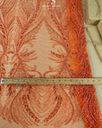 Phoenix - Coral Orange Vibrant Sequin Lace with Beaded Feather Embroidery on Mesh, Luxury Bridal Fabric by the Yard