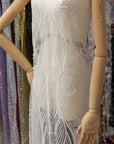 Phoenix - Ivory Vibrant Sequin Lace with Beaded Feather Embroidery on Mesh, Luxury Bridal Fabric by the Yard
