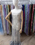 Phoenix - Light Silver Grey Vibrant Sequin Lace with Beaded Feather Embroidery on Mesh, Luxury Bridal Fabric by the Yard