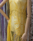 Phoenix - Yellow Sun Vibrant Sequin Lace with Beaded Feather Embroidery on Mesh, Luxury Bridal Fabric by the Yard