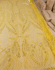 Phoenix - Yellow Sun Vibrant Sequin Lace with Beaded Feather Embroidery on Mesh, Luxury Bridal Fabric by the Yard