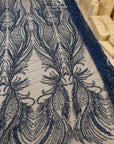 Phoenix - Deep Blue Vibrant Sequin Lace with Beaded Feather Embroidery on Mesh, Luxury Bridal Fabric by the Yard
