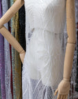 Phoenix - White Vibrant Sequin Lace with Beaded Feather Embroidery on Mesh, Luxury Bridal Fabric by the Yard