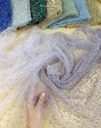 Stardust - Pastel Lavender Ombre Crystal Tulle with Gradient Sparkle and Rhinestones on Mesh Luxury Bridal Fabric by the Yard