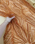 Forest Elven - Brown rust - NEW Lace Fabric – Beaded Leaf and Vine Embroidery, Earth Tone Sequin Mesh for Fall Gown, Costume, Couture
