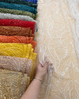 Lumiere - Rose Champagne - Beaded Lace Fabric by the Yard - Soft Flowing Feather, Like Wings Embroidered Sequin Lace for Bridal Dress, Gown