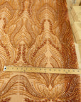 Lumiere - Brown Rust - Beaded Lace Fabric by the Yard - Flame Feather Art Deco Sequin Mesh Lace for Evening Dress, Gown, Costume