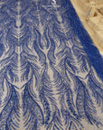 Lumiere - Royal Blue - Beaded Lace Fabric by the Yard - Glowing Flame or Like Feather Embroidered Mesh Lace for Prom Gown, Pageant Dress