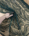 Lumiere - Emerald - Beaded Lace Fabric by the Yard - Flame-Like, Flowing Feathers Embroidered Sequin Mesh Lace for Evening Dress, Gown, Costume