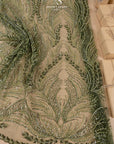 Lumiere - Dark Olive - Beaded Lace Fabric by the Yard - Feather or Flame-Like Sequin Embroidered Mesh Lace for Evening Dress, Gown, Costume