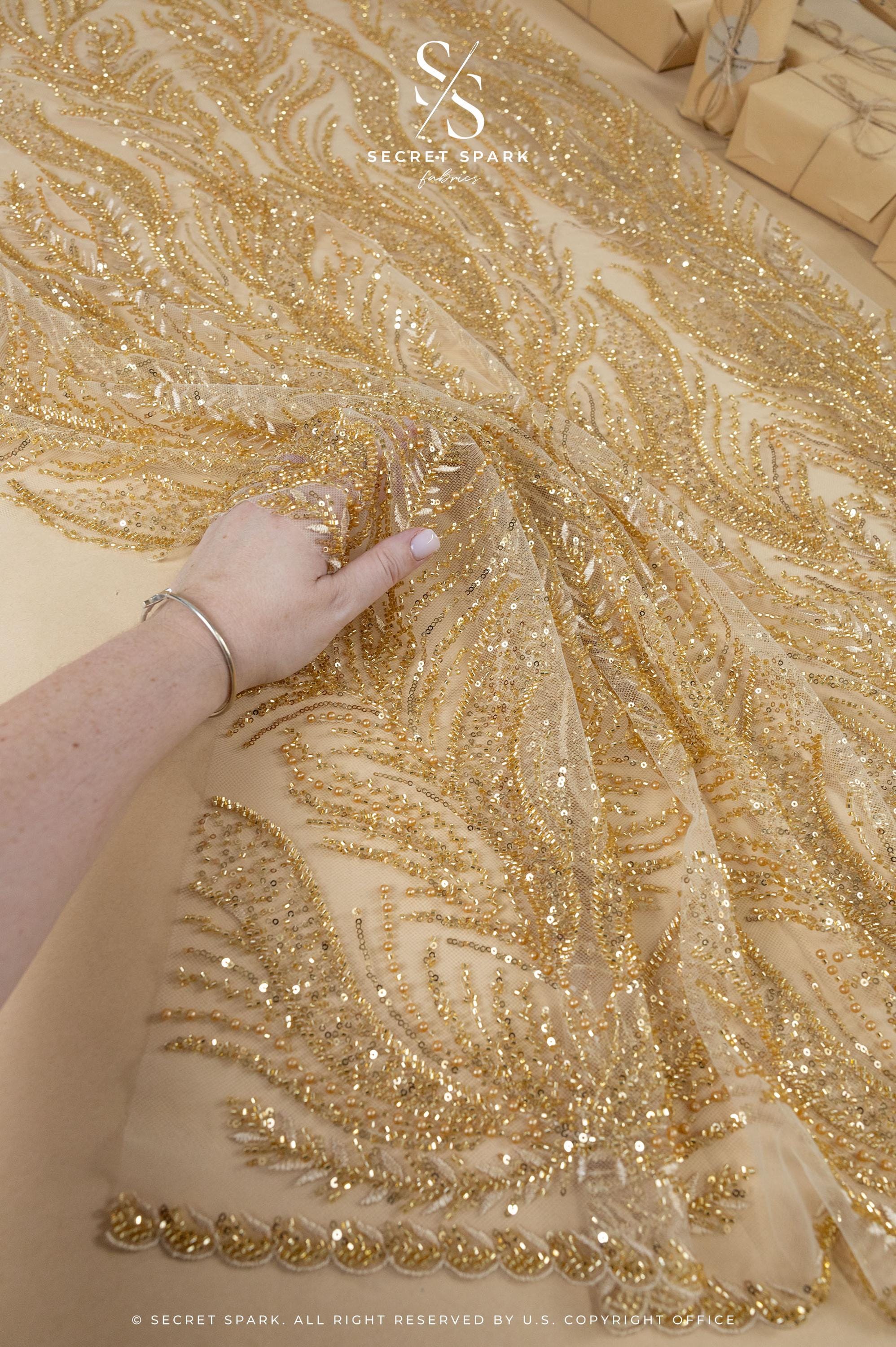 Lumiere - Champagne Gold - Beaded Lace Fabric by the Yard