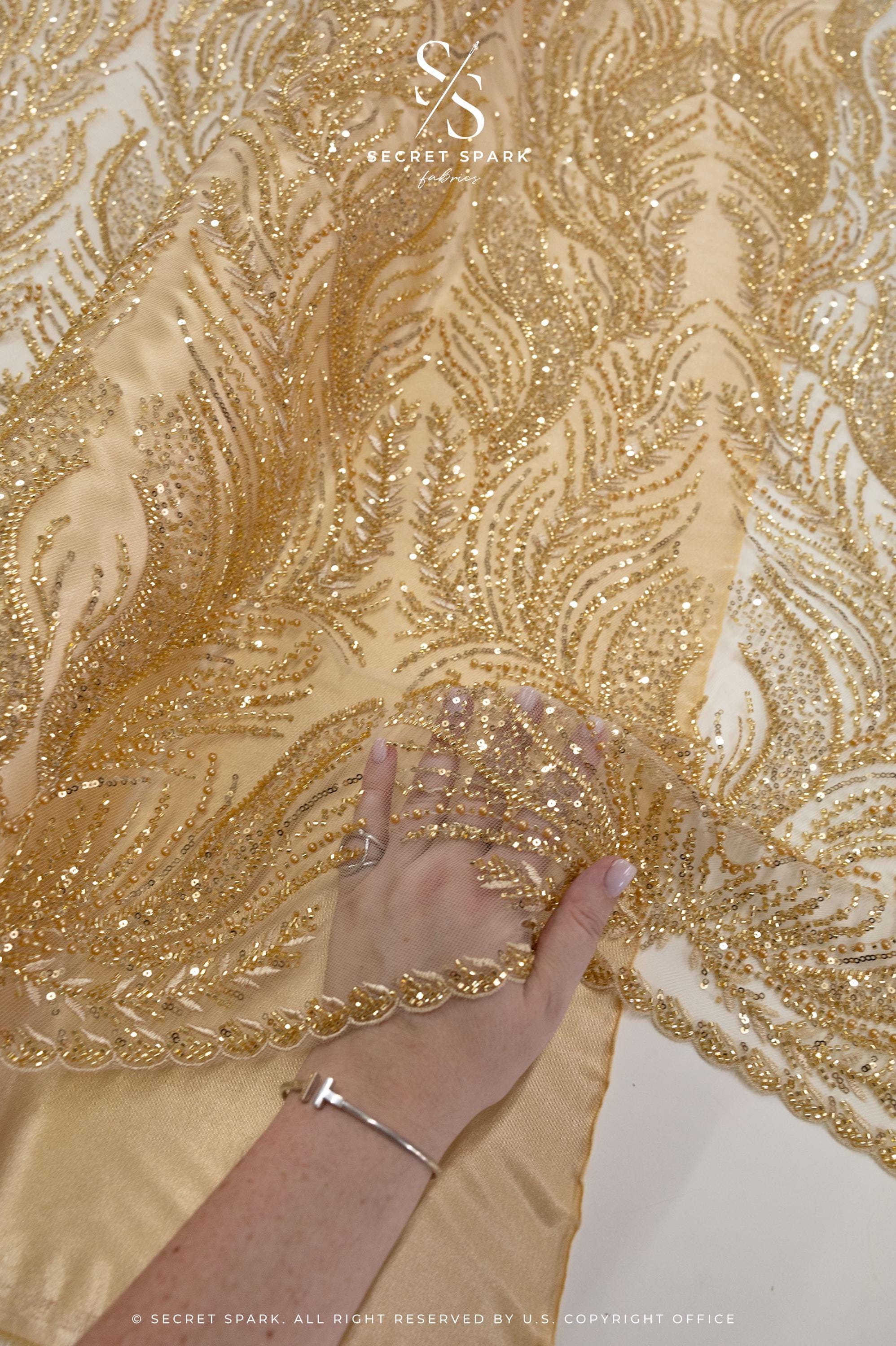 gold lace fabric for dresses Lumiere - Champagne - Beaded by the Yard _okendo:syndication_key:CL137000007