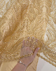 Lumiere - Champagne Gold - Beaded Lace Fabric by the Yard - Ornate Feather Flame Embroidered Sequin Mesh Lace for Bridal Dress, Gown