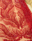 Lumiere - Dark Red - Beaded Lace Fabric by the Yard - Glowing Flame-Like Sequin Mesh Lace for Prom Dress, Evening Gown