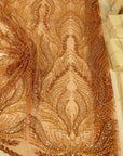 Lumiere - Brown Rust - Beaded Lace Fabric by the Yard - Flame Feather Art Deco Sequin Mesh Lace for Evening Dress, Gown, Costume