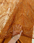Lumiere - Brown Rust - Beaded Lace Fabric by the Yard - Flame Feather Art Deco Sequin Mesh Lace for Evening Dress, Gown, Costume