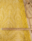 Lumiere - Yellow Sun - Beaded Lace Fabric by the Yard - Embroidered Glowing Flame Feather Sequin Mesh Lace for Prom Dress, Gown