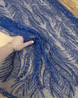 Lumiere - Royal Blue - Beaded Lace Fabric by the Yard - Glowing Flame or Like Feather Embroidered Mesh Lace for Prom Gown, Pageant Dress