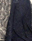 Lumiere - Deep Blue - Beaded Lace Fabric by the Yard - Feather Sequin Mesh Lace for Prom Dress, Evening Gown, Costume