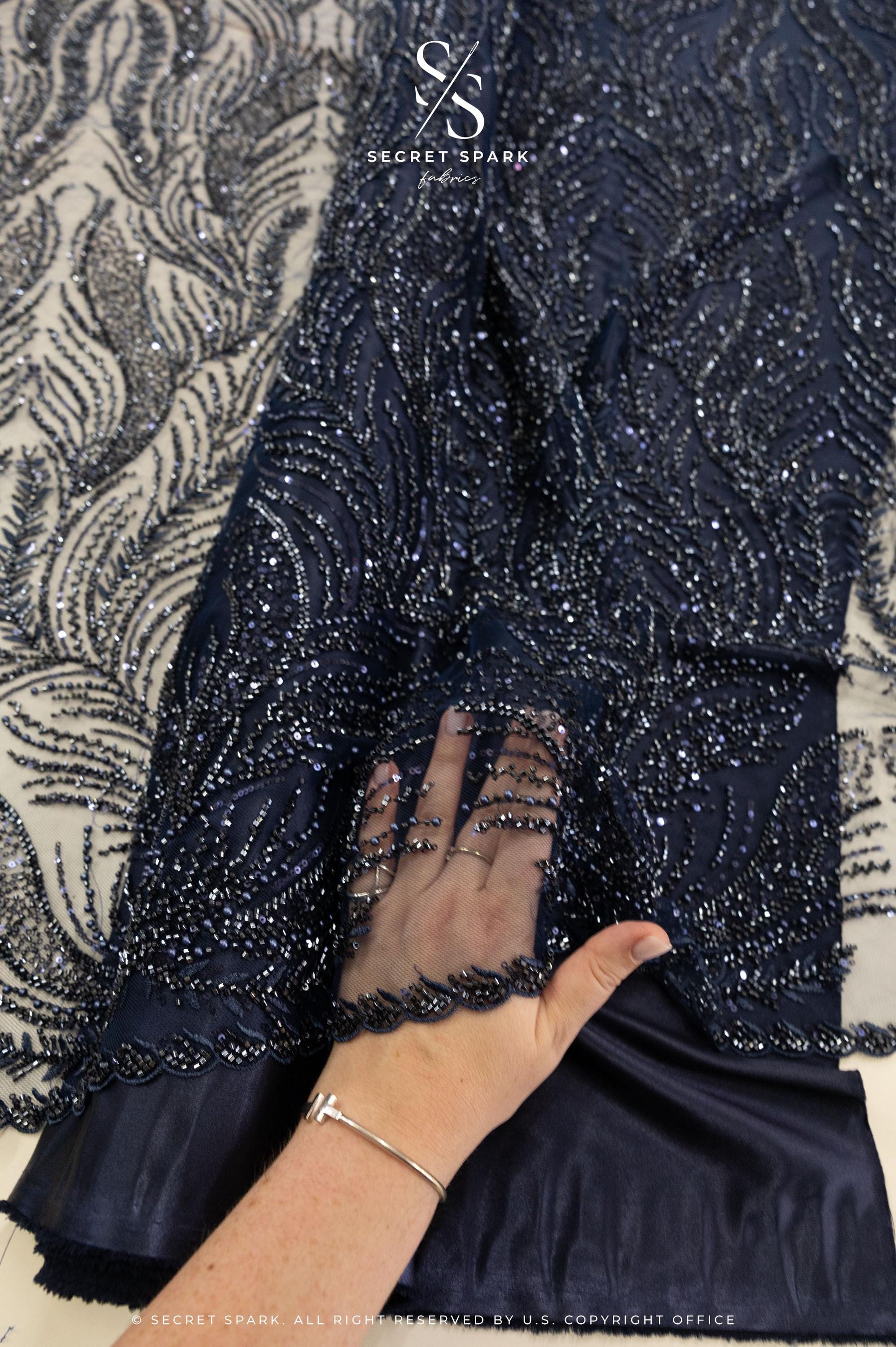 Lumiere - Deep Blue - Beaded Lace Fabric by the Yard