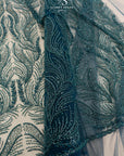 Lumiere - Deep Teal - Beaded Lace Fabric by the Yard - Flowing Feather Embroidered Sequin Mesh Lace for Prom Dress, Evening Gown