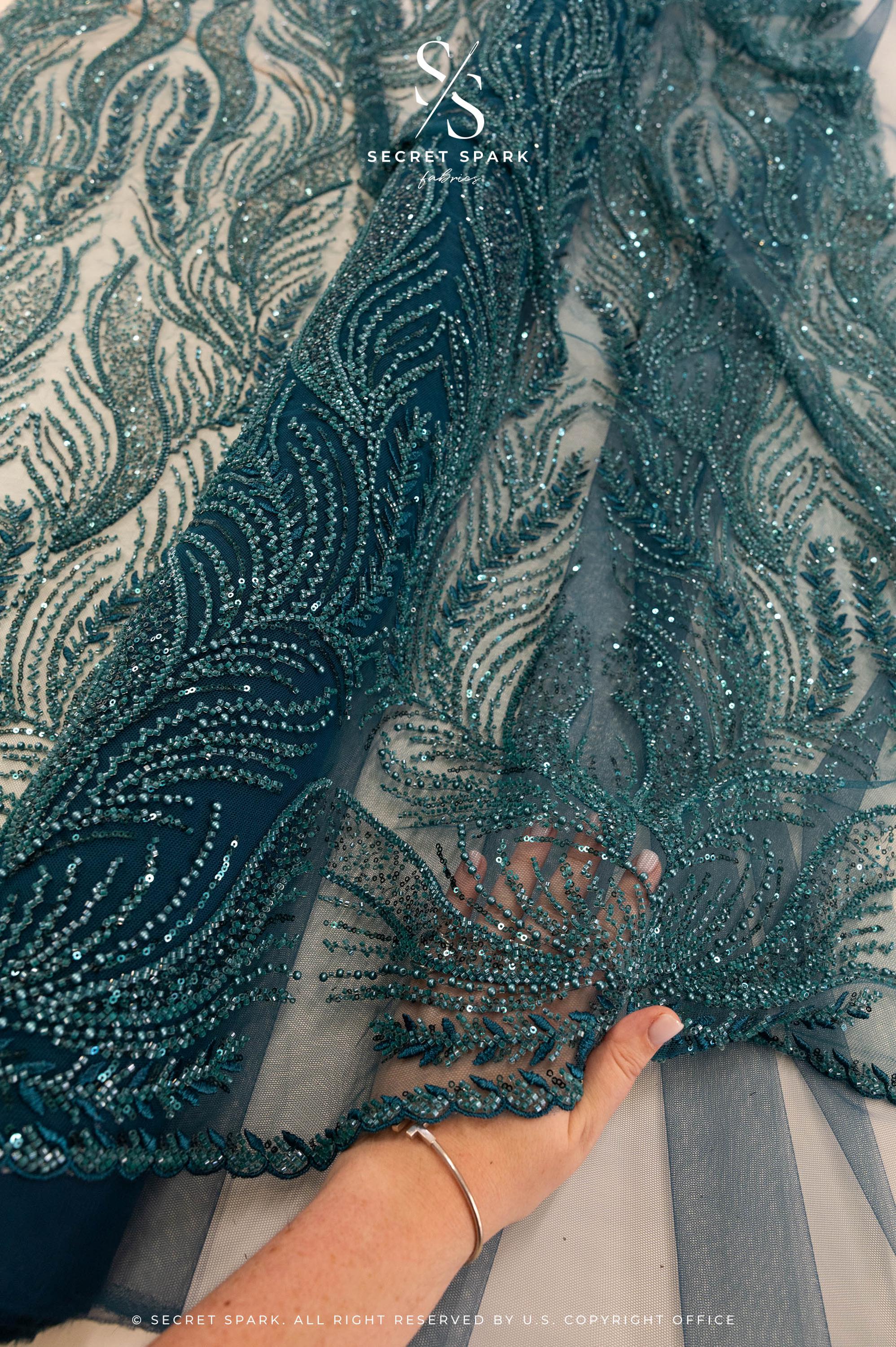 Lumiere - Deep Teal - Beaded Lace Fabric by the Yard