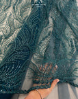 Lumiere - Deep Teal - Beaded Lace Fabric by the Yard - Flowing Feather Embroidered Sequin Mesh Lace for Prom Dress, Evening Gown