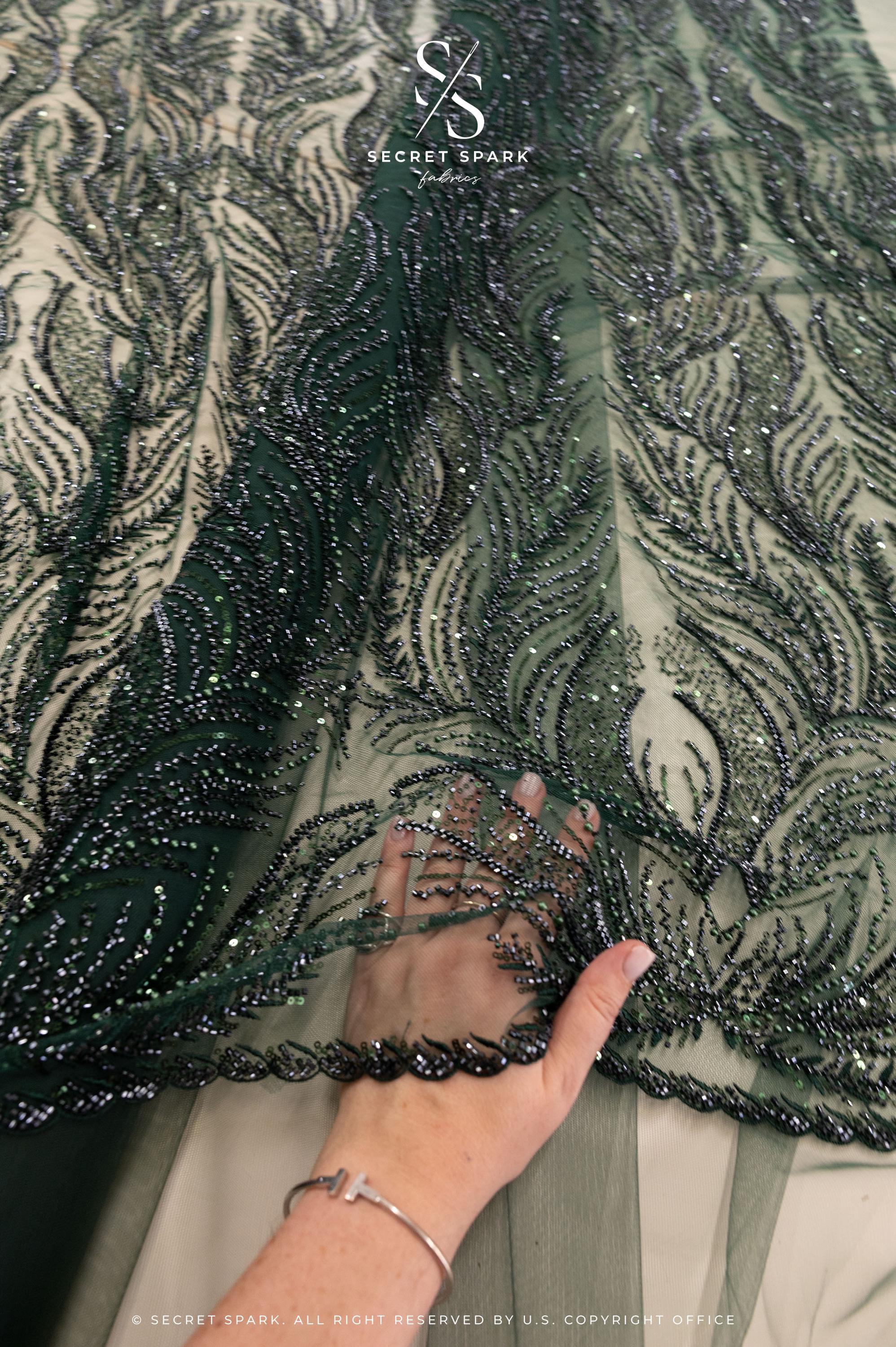 Lumiere - Emerald - Beaded Lace Fabric by the Yard