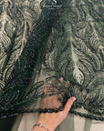 Lumiere - Emerald - Beaded Lace Fabric by the Yard - Flame-Like, Flowing Feathers Embroidered Sequin Mesh Lace for Evening Dress, Gown, Costume