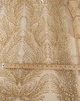Lumiere - Champagne Gold - Beaded Lace Fabric by the Yard - Ornate Feather Flame Embroidered Sequin Mesh Lace for Bridal Dress, Gown