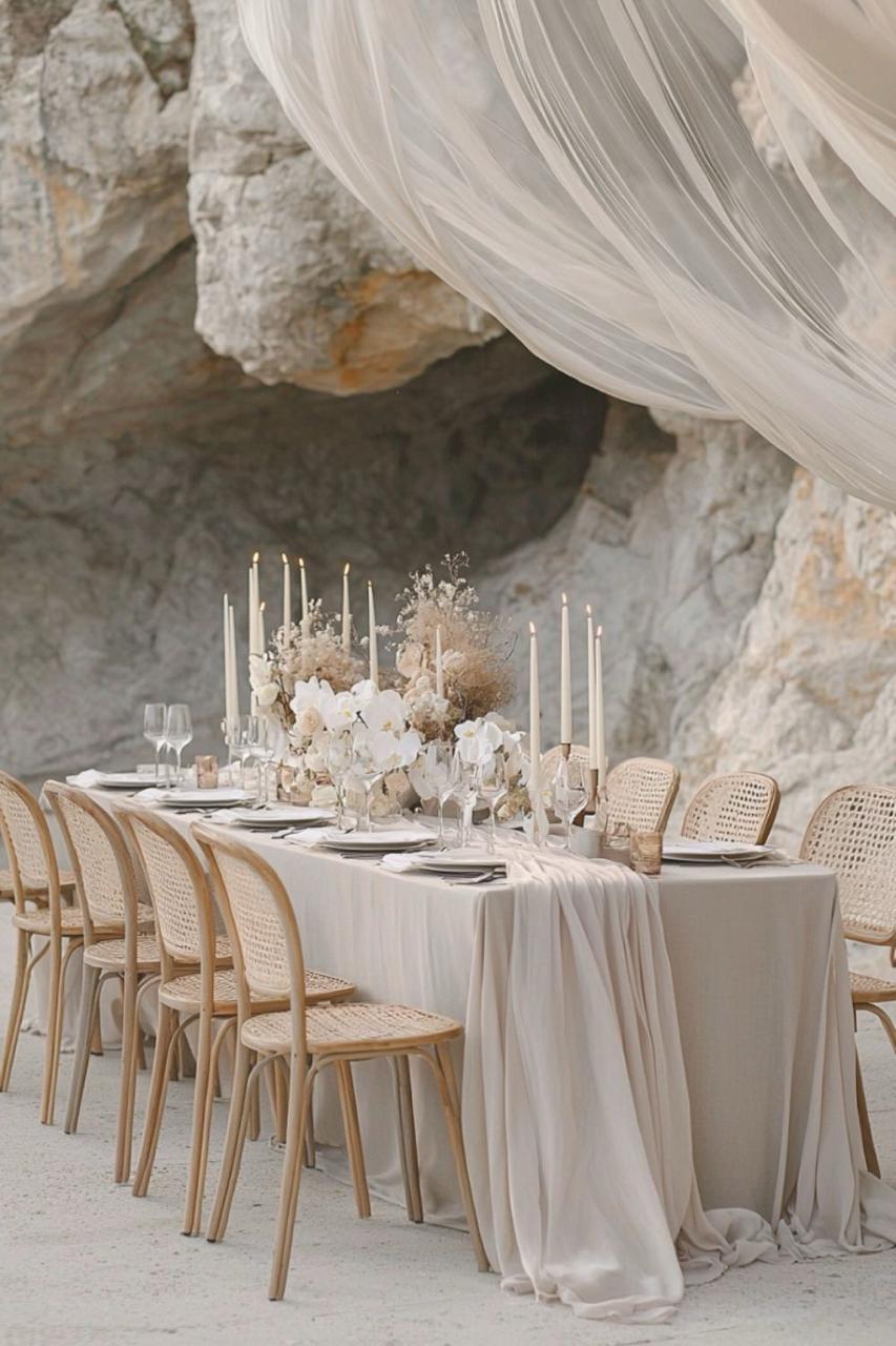 Elegant event table setting with draped chiffon ceiling canopy in natural cave setting