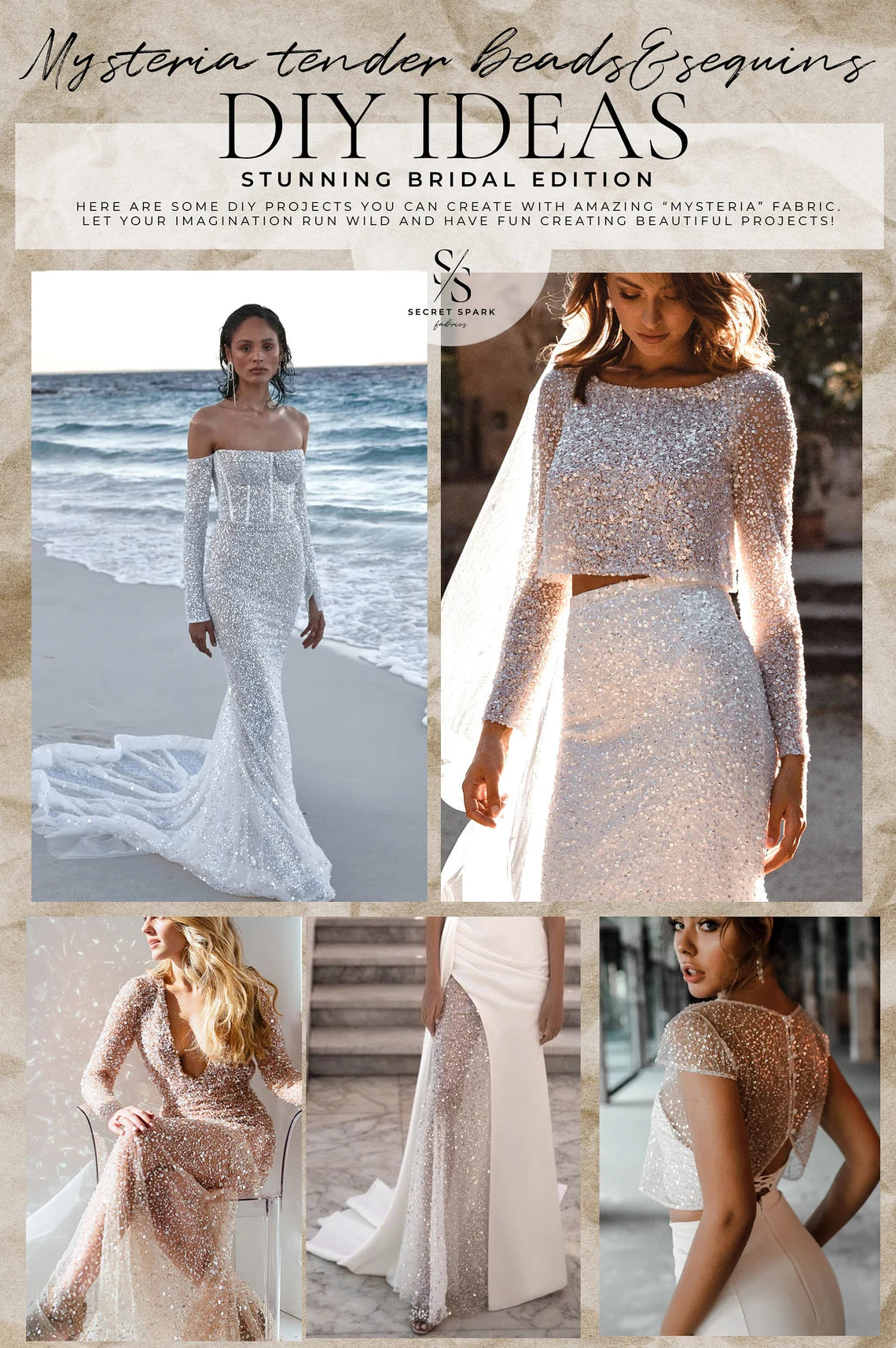 Mysteria - Off White Crystal Clear Beads & Sequin on Soft Mesh, Premium Bridal Embellished Fabric by the Yard for Wedding Gowns, Exclusive Mysteria - Off White Crystal Clear Beads & Sequin on Soft Mesh, Premium Bridal Embellished Fabric by the Yard for Wedding Gowns, Exclusive