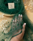 Ariel - Emerald High-End Pearl Tulle Fabric for Evening Gowns & Couture Designs, Premium Beaded Mesh with Refined Pearls in Two Sizes by the Yard