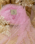 Ariel - Pink Rose Regular Extra Beaded Pearl Tulle for Dresses, Veils & Accessories, Soft Mesh with Pearls in Two Sizes by the Yard