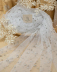 Ariel - White Silver Regular Extra Beaded Pearl Tulle for Dresses & Couture Decor, Soft Mesh with Silver Pearls in Two Sizes by the Yard