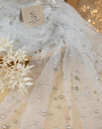 Ariel - White Silver Regular Extra Beaded Pearl Tulle for Dresses & Couture Decor, Soft Mesh with Silver Pearls in Two Sizes by the Yard