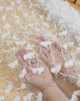 Secret Garden - White 3D Floral Lace with Chiffon Flowers, Pearls & Sequins – Embroidered Tulle Fabric for Wedding Dresses, Veils, Capes