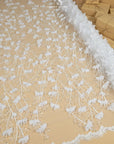 Secret Garden - White 3D Floral Lace with Chiffon Flowers, Pearls & Sequins – Embroidered Tulle Fabric for Wedding Dresses, Veils, Capes