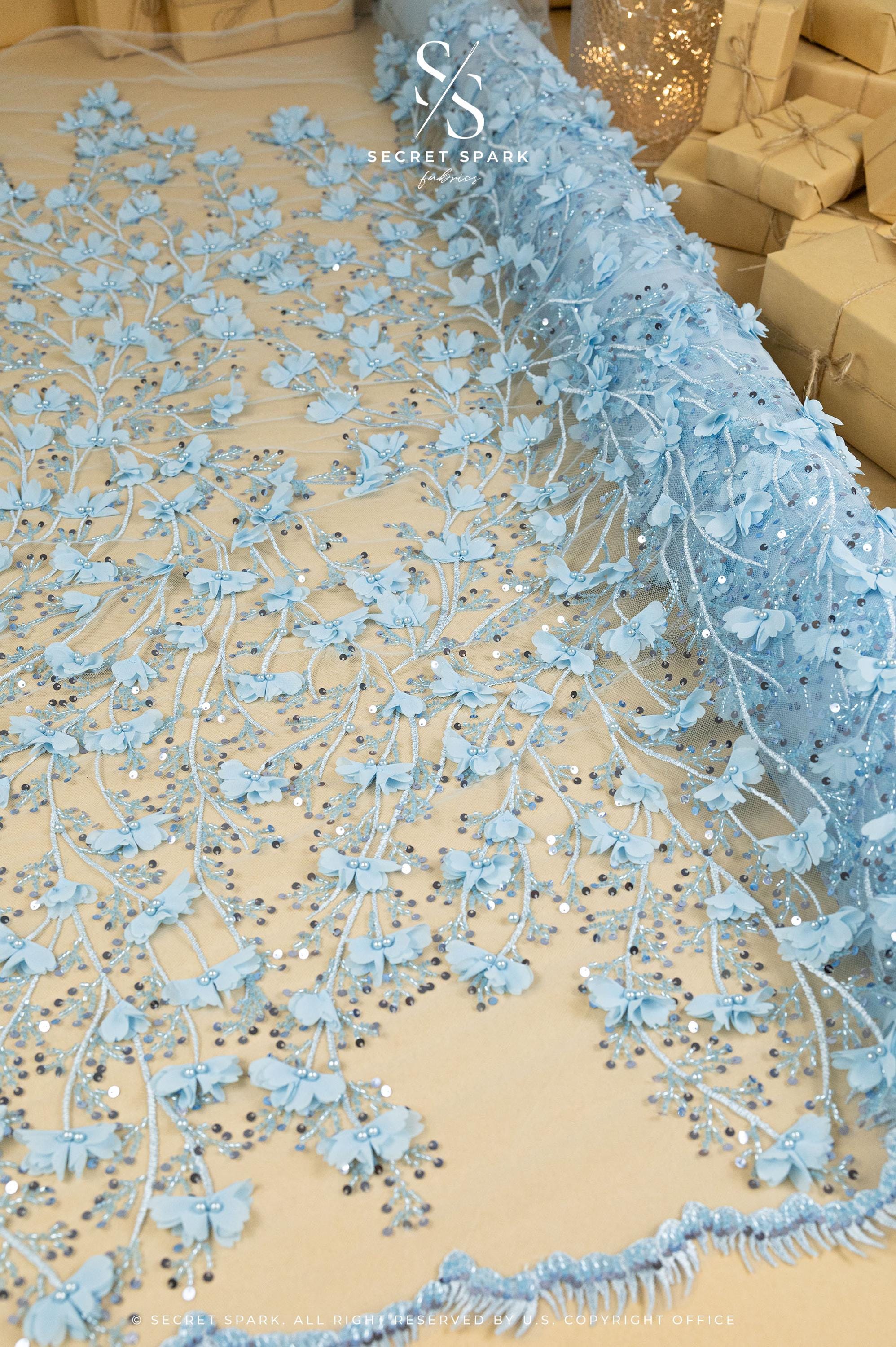Secret Garden - Soft Blue 3D Floral Lace with Sequins &amp; Chiffon Flowers – Tulle for Christening Gowns, Fairy Wings, Doll Clothes, Babywear