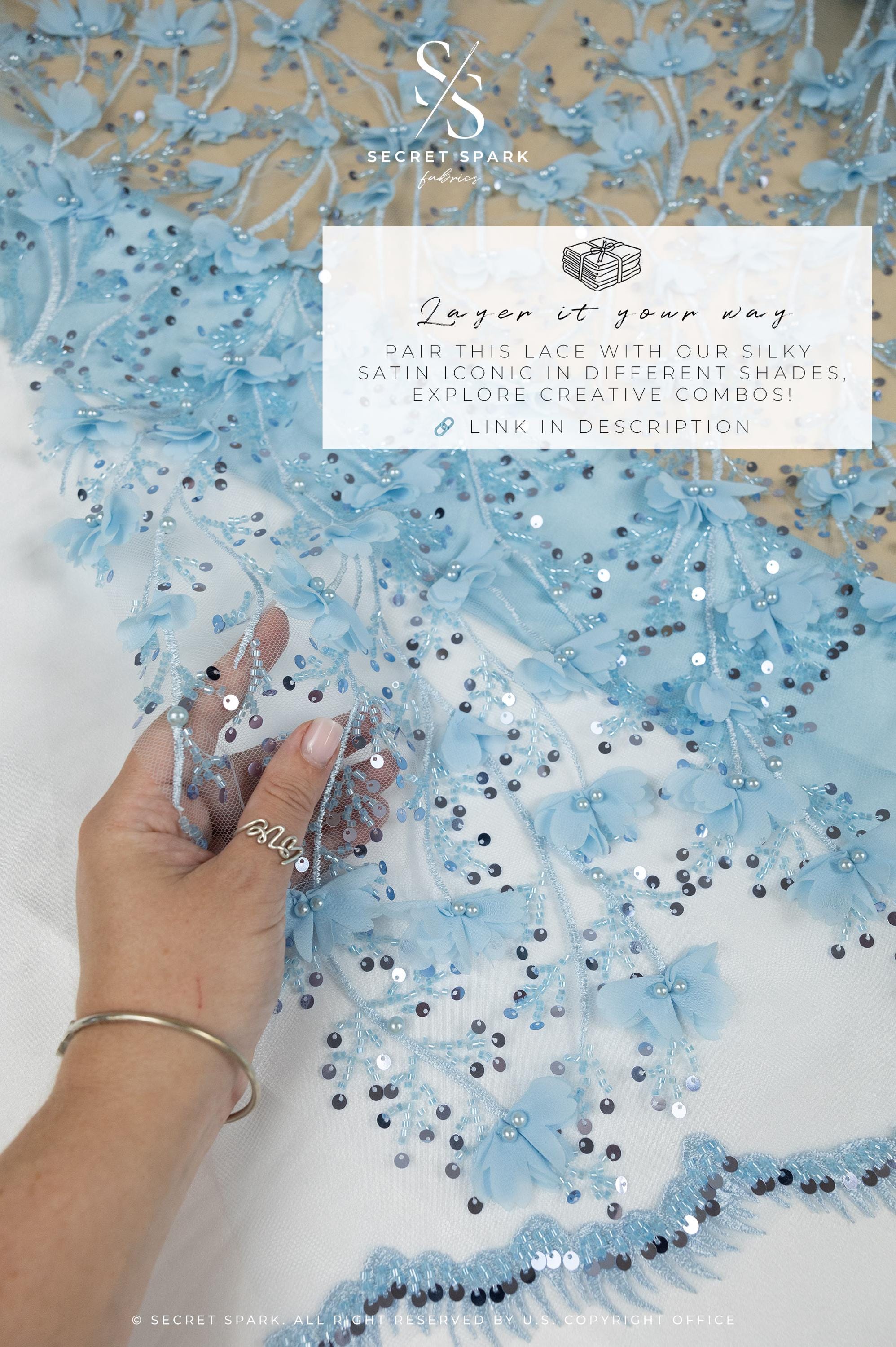 Secret Garden - Soft Blue 3D Floral Lace with Sequins &amp; Chiffon Flowers – Tulle for Christening Gowns, Fairy Wings, Doll Clothes, Babywear