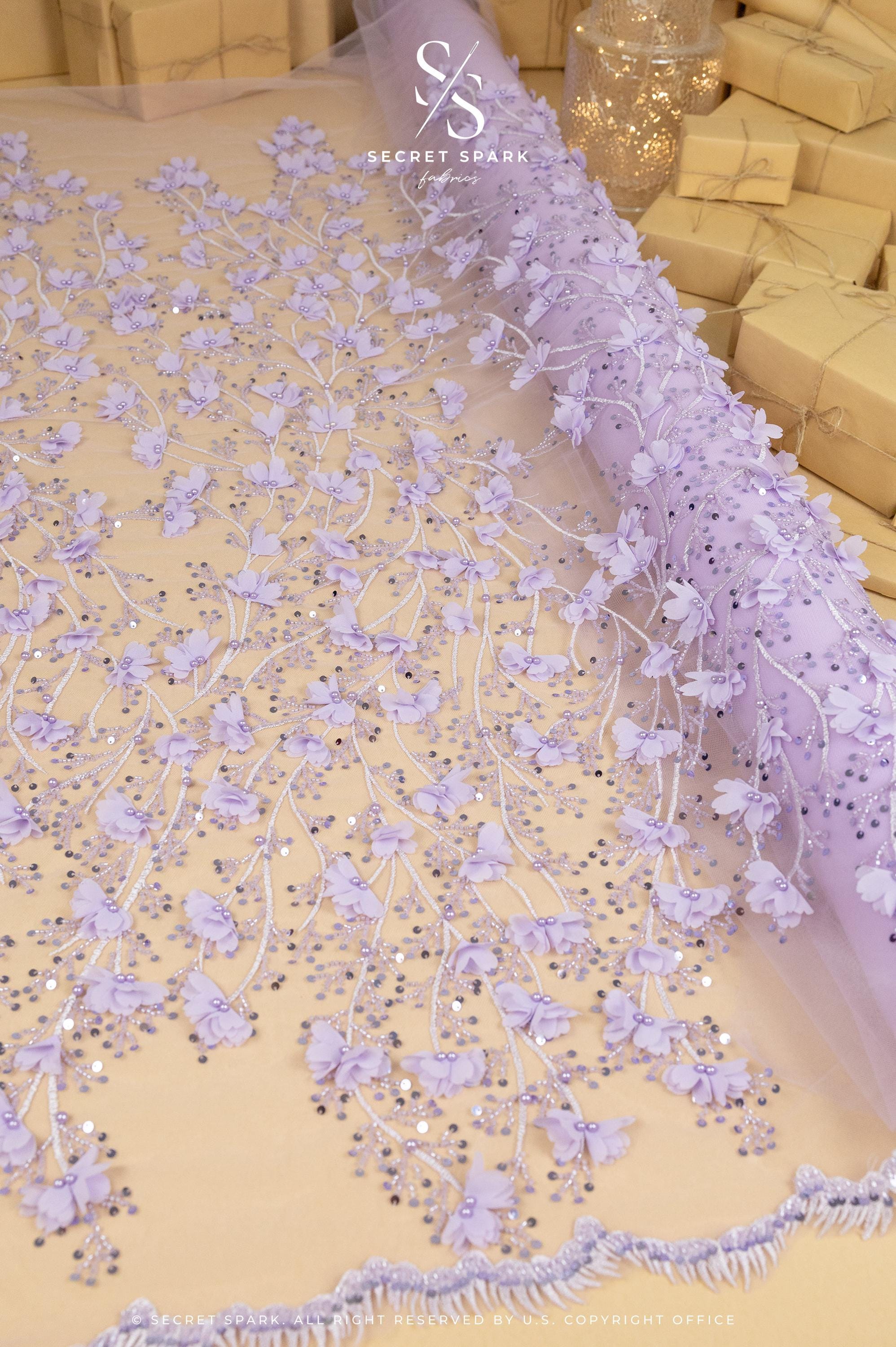 Secret Garden - Purple Lavender 3D Lace with Pearls &amp; Chiffon Flowers – Tulle for Fantasy Dresses, Stagewear, Costume Capes, Accessories